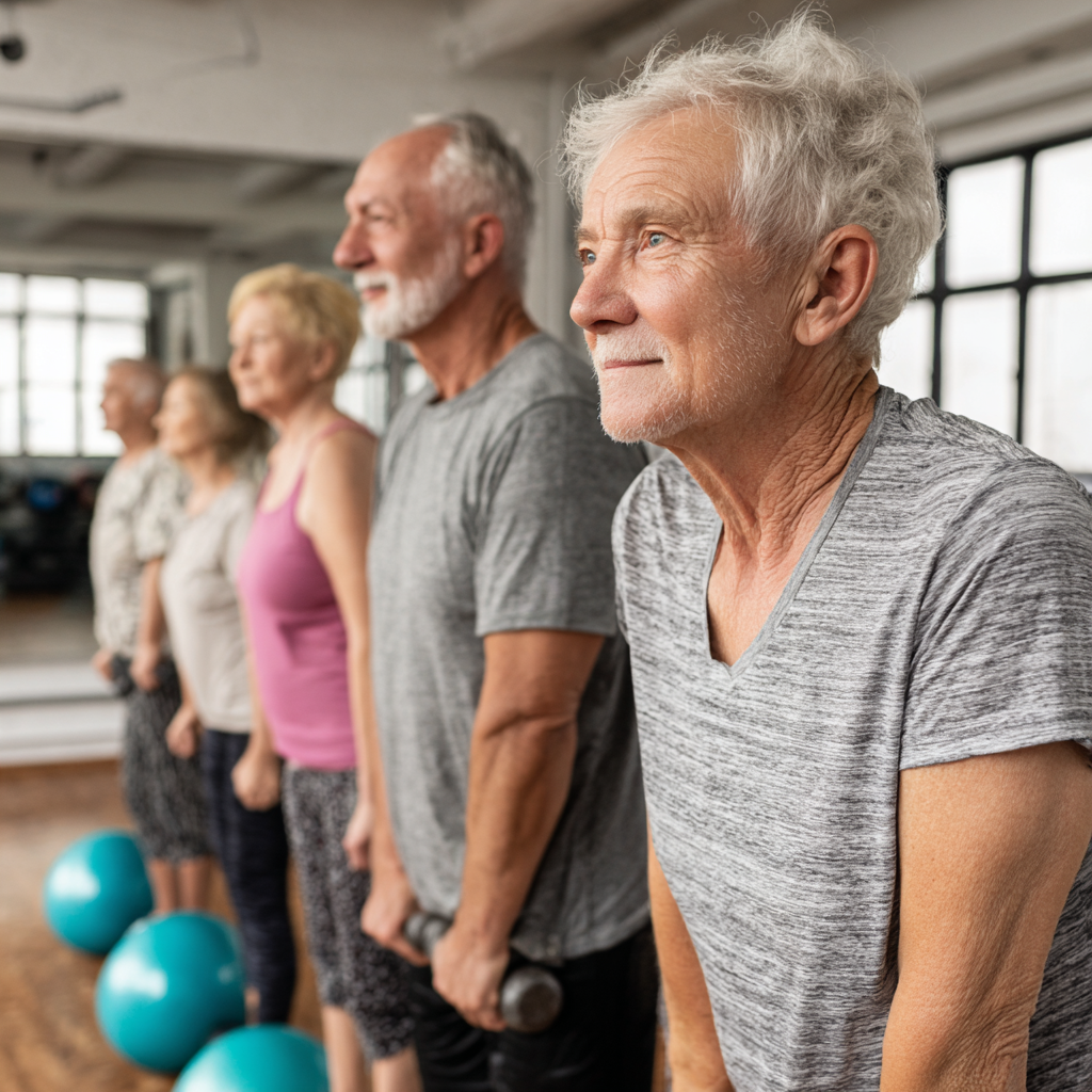 Літня європейська жінка виконує вправи для зміцнення суглобів на свіжому повітрі, усміхнена та активна
